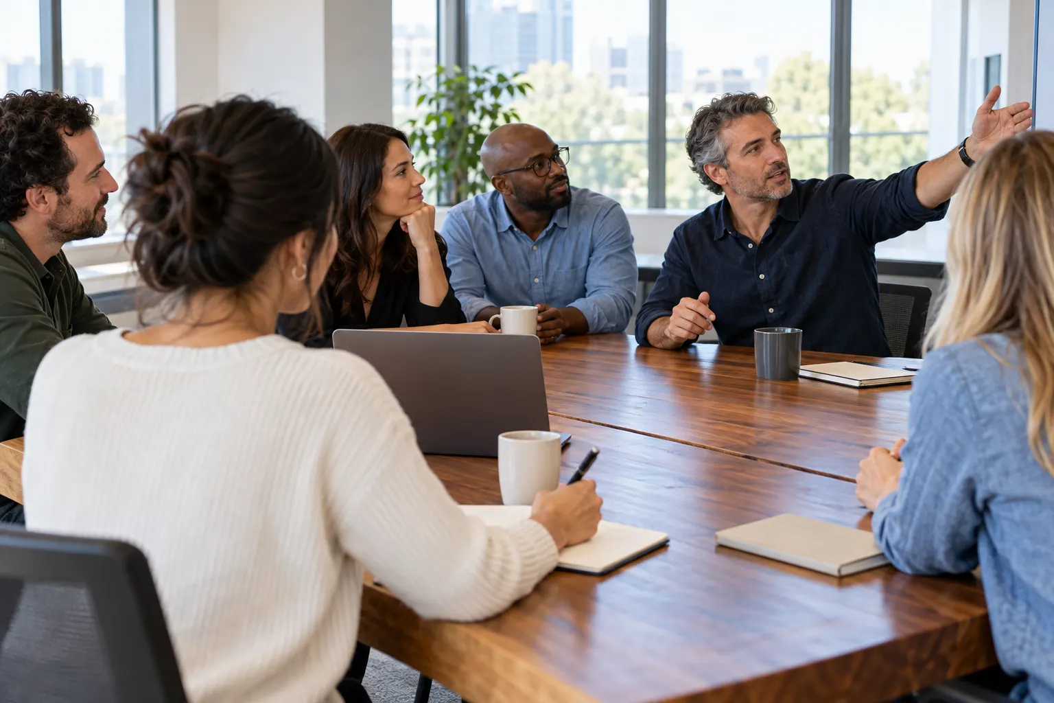 A woman writes notes in a notebook at a conference table while a colleague explains a point and others listen