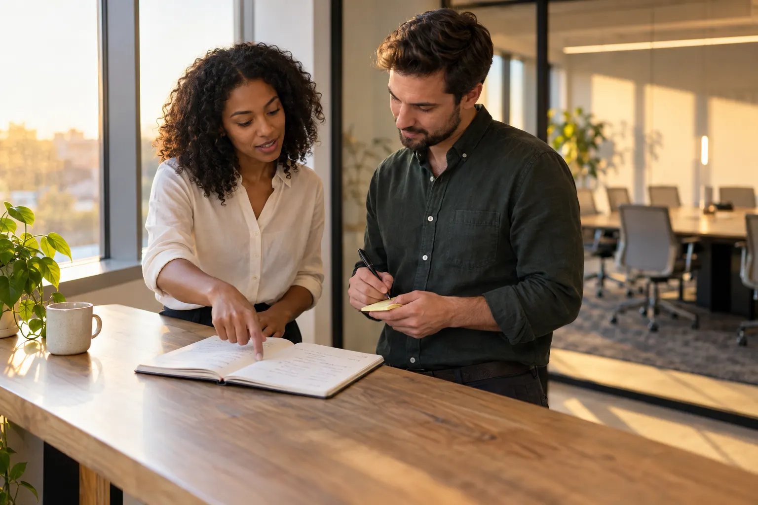 Two coworkers review handwritten meeting notes at a standing desk by a window