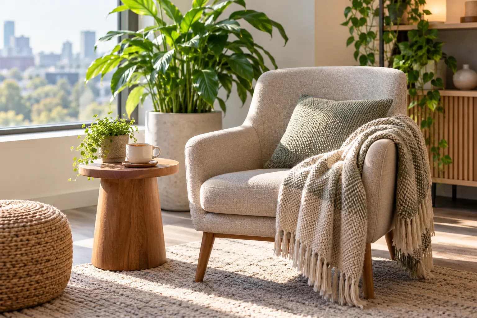 A sunlit quiet room with an armchair, a woven throw, a cup of tea and houseplants by the window.
