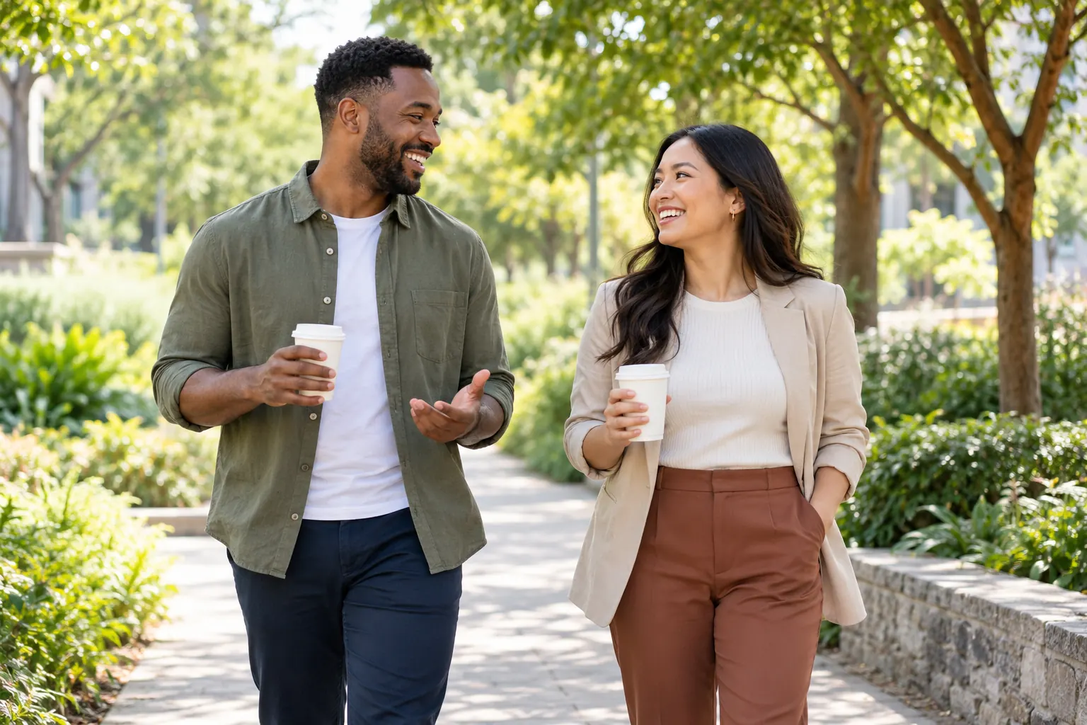 Two coworkers laugh and talk on a leafy walking path, each holding a takeaway coffee cup.