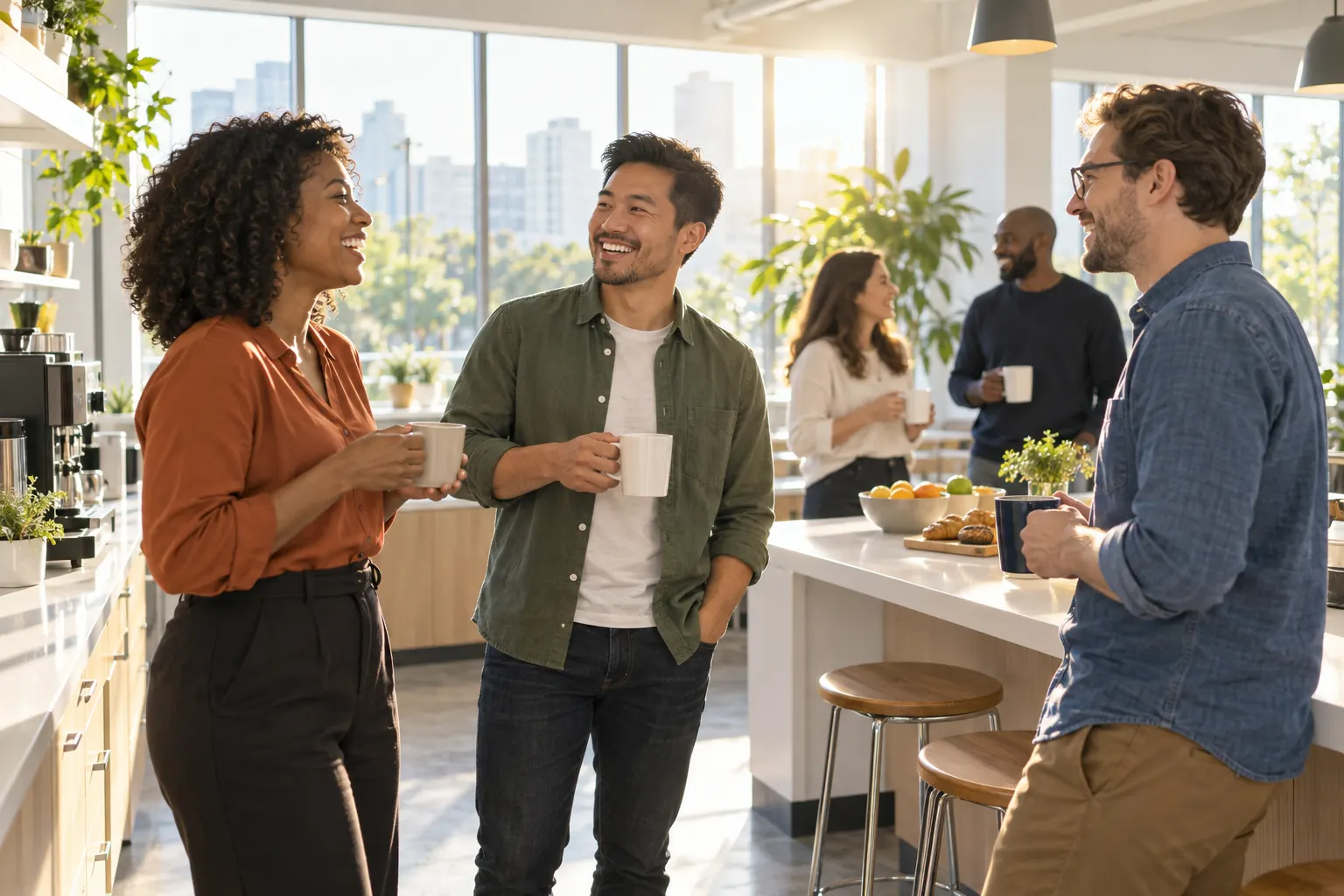 Coworkers laughing and talking over coffee in a bright office kitchen on a sunny morning.