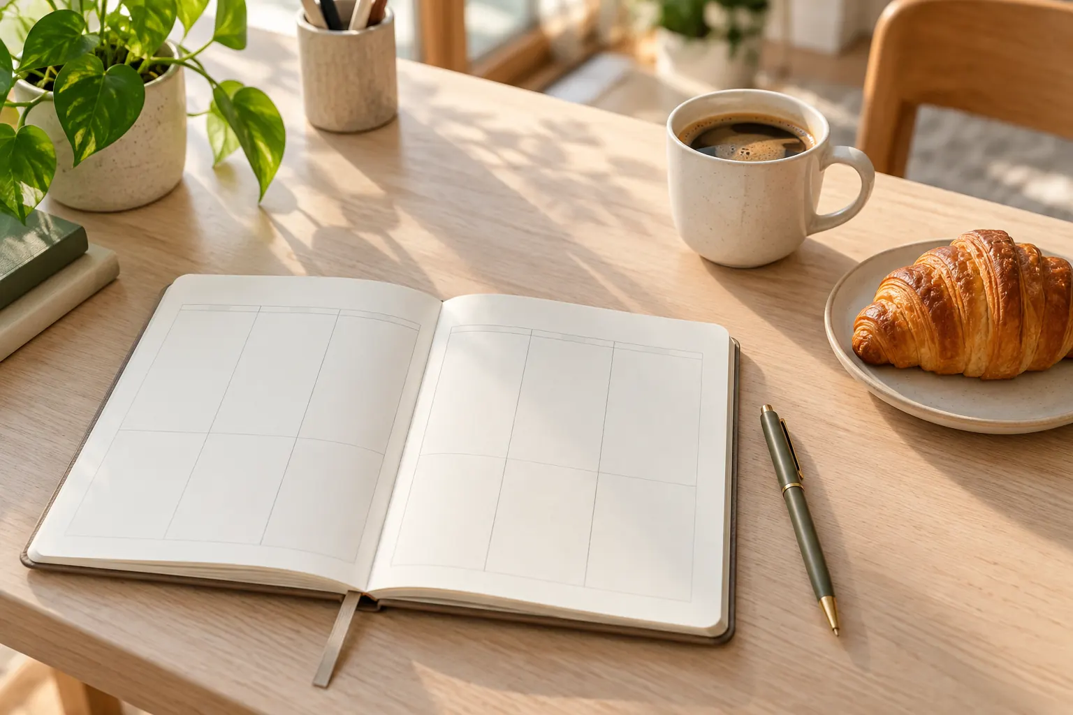 A planner open to a blank weekly spread on a desk, with a pen, a coffee and a croissant.