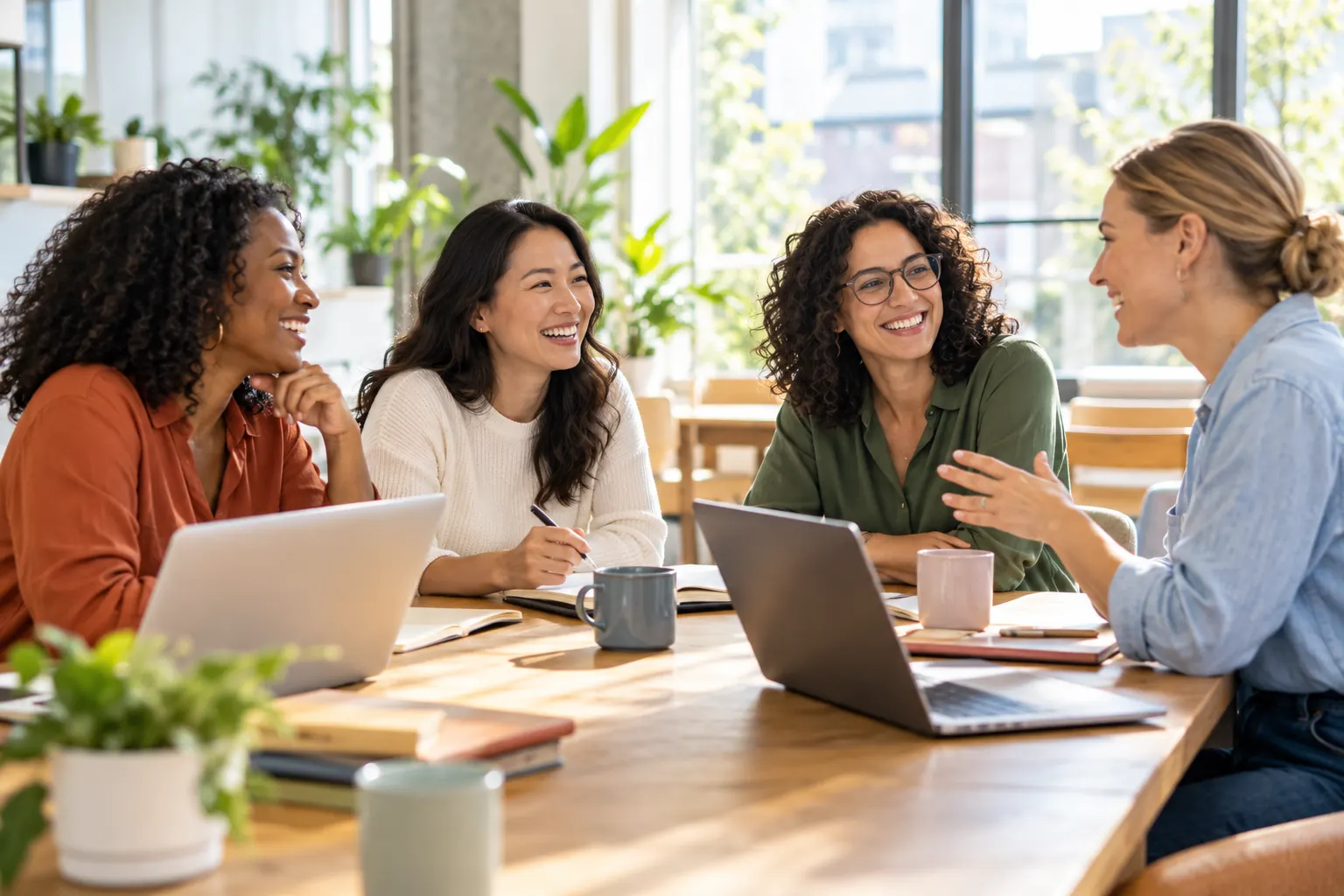 Four women laugh and talk together around a sunny office table with laptops, notebooks and mugs.