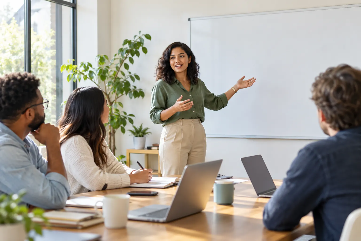 A woman presents at a whiteboard while three colleagues listen from a meeting table with laptops.