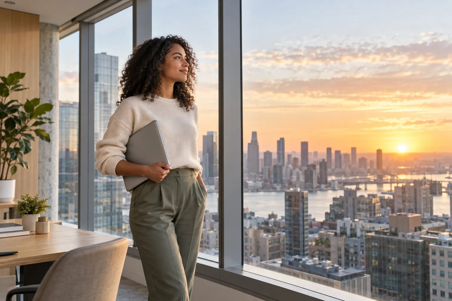 A smiling woman holding a laptop stands by an office window with a city skyline at sunrise.