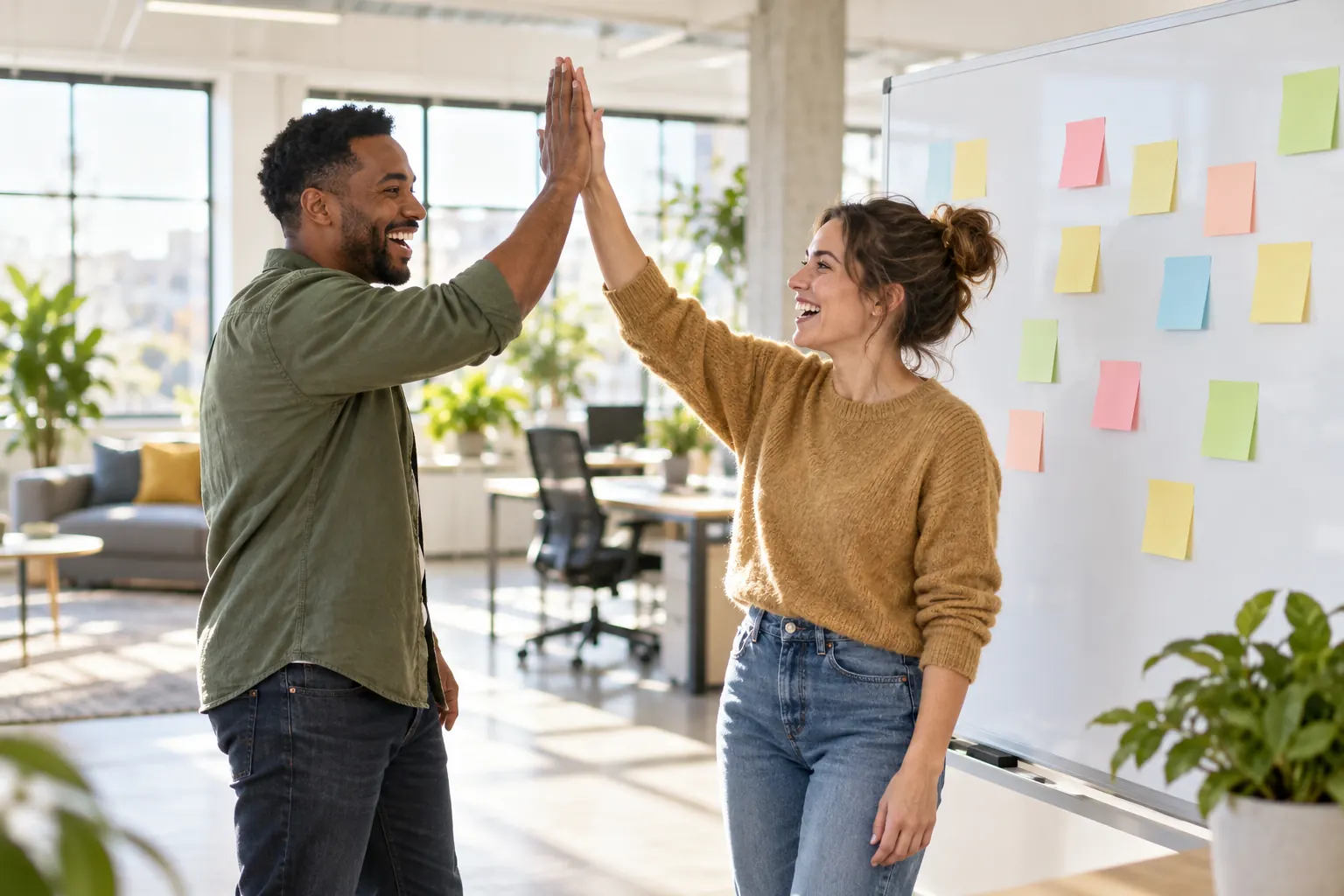 Two coworkers laugh and high five beside a whiteboard covered in pastel sticky notes.