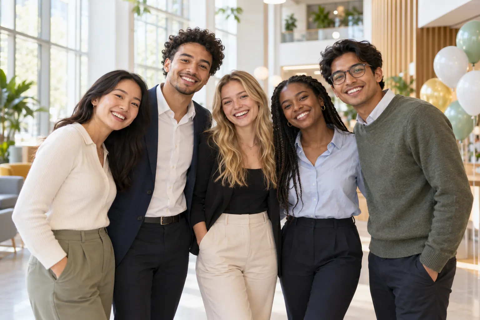 Five young interns in business casual clothes smile together in a bright office lobby with balloons behind them.