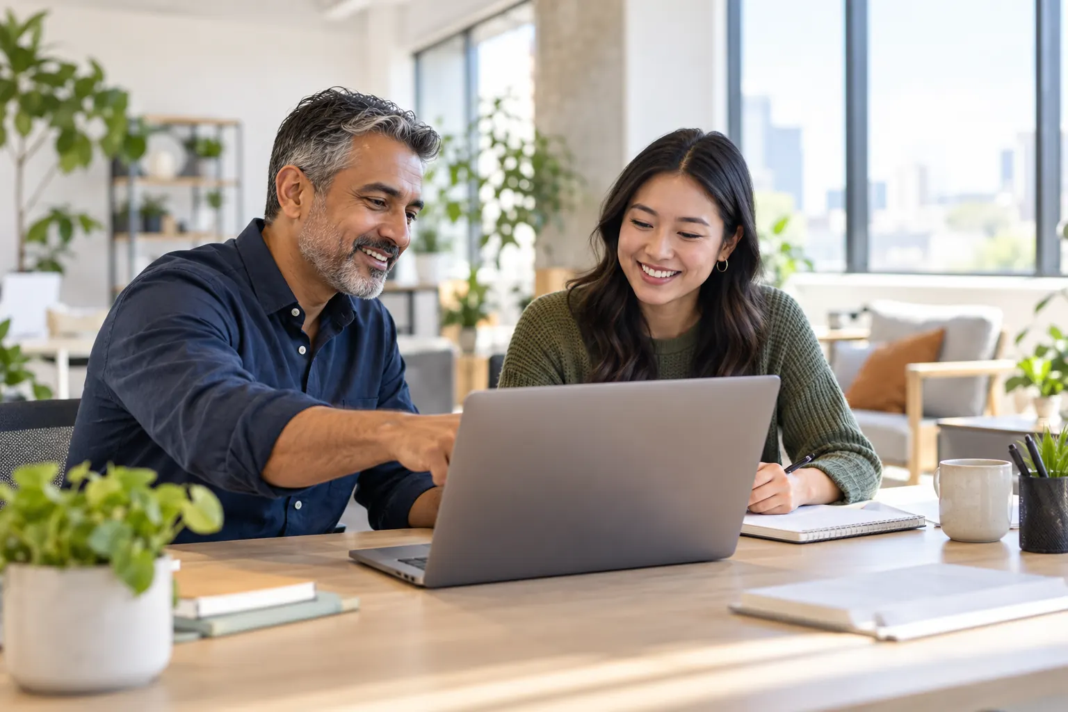 An experienced employee and a young intern smile at a laptop together at a sunny office desk.