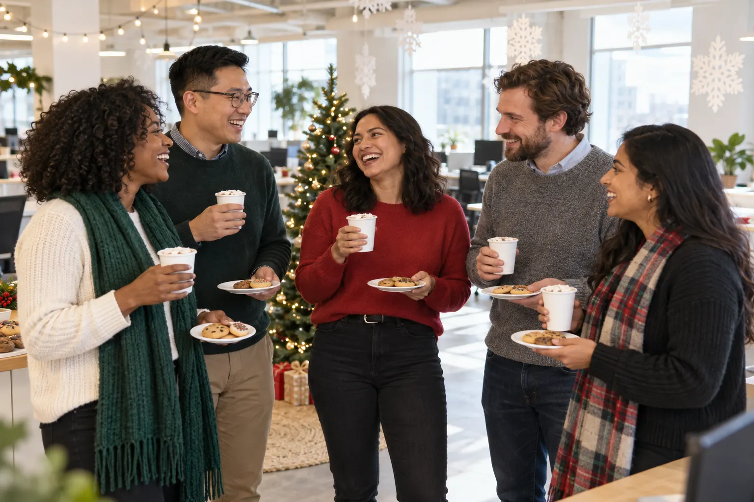 Five coworkers laughing over hot cocoa and cookies beside a lit Christmas tree in a bright office.