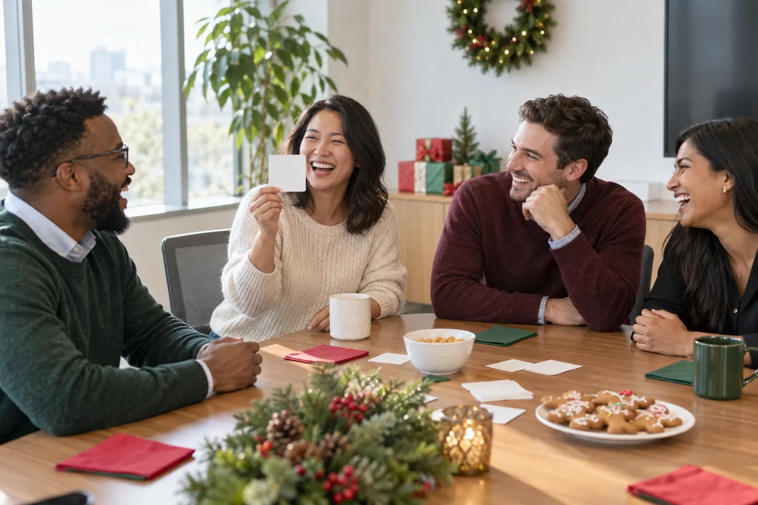 Four coworkers playing a card game at a conference table set with greenery, gingerbread cookies and mugs.