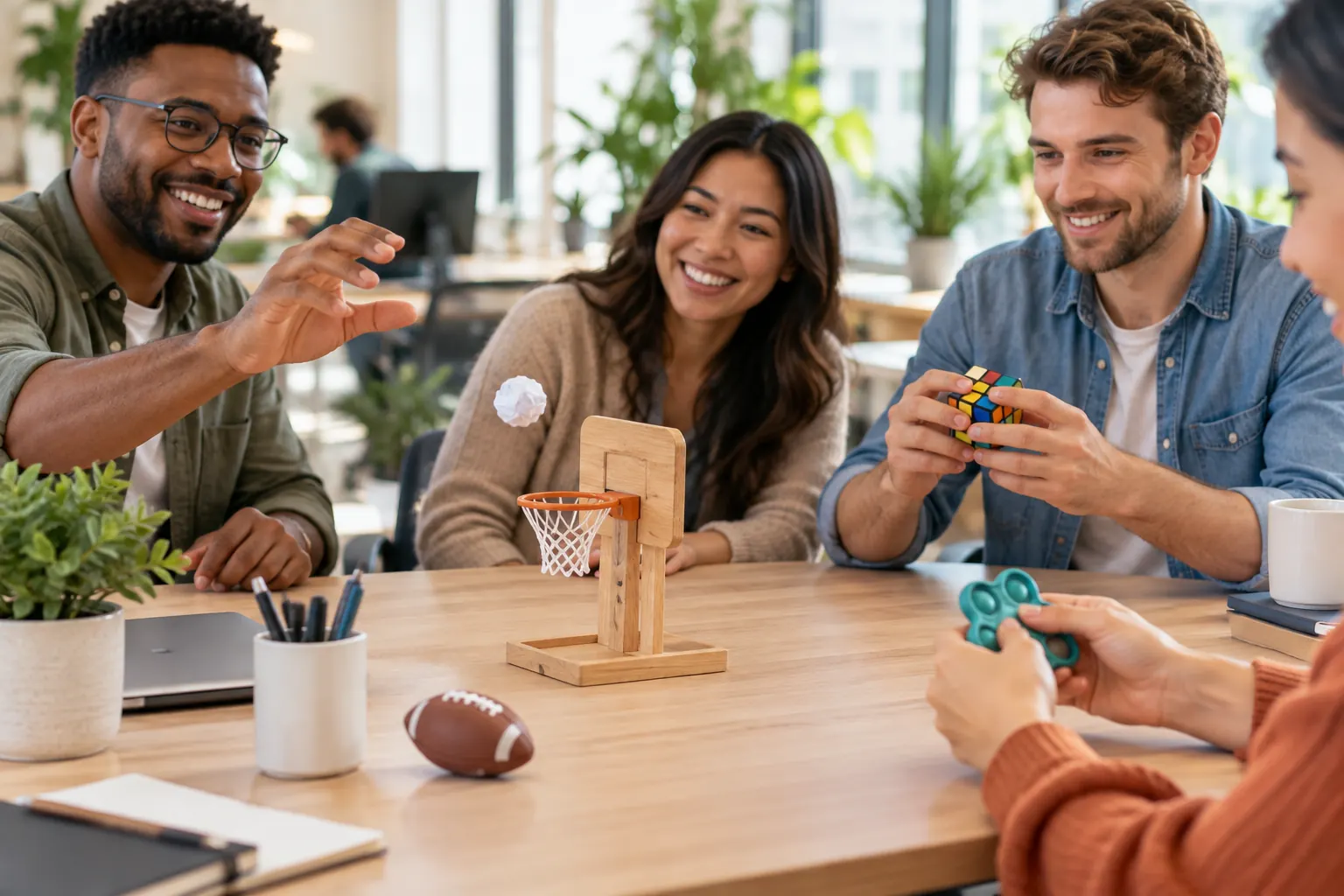 Coworkers at a shared desk playing with a mini basketball hoop, a puzzle cube and a fidget toy.