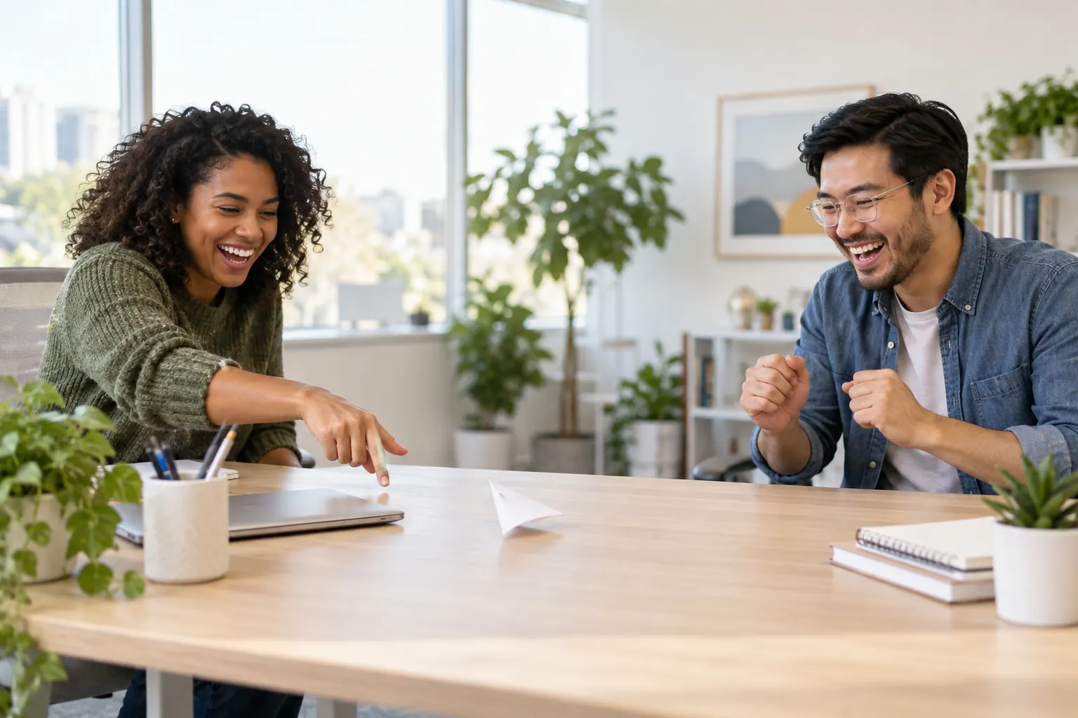 Two coworkers laughing across a desk while one lines up a folded paper football to flick.