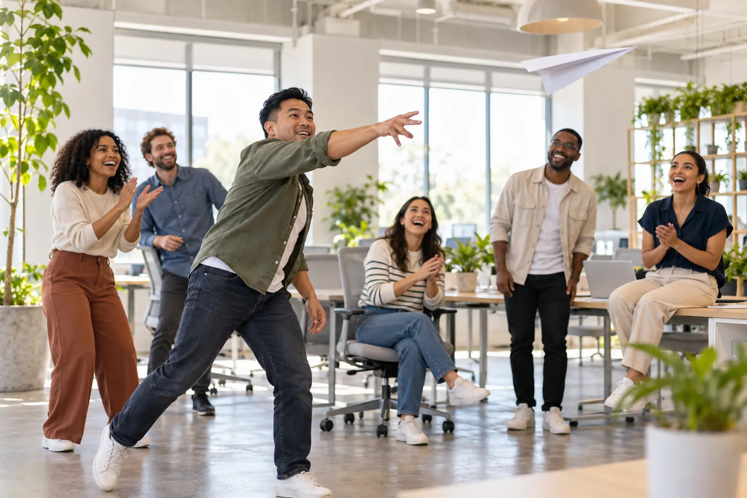 Coworkers cheer in a bright open office as one of them launches a paper airplane.