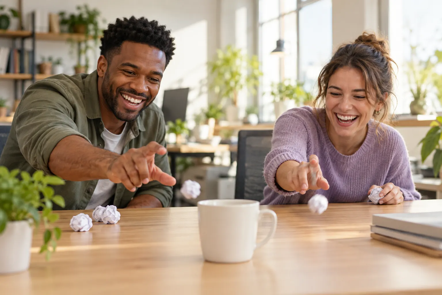 Two colleagues laugh at a desk while flicking paper balls toward a coffee cup target.