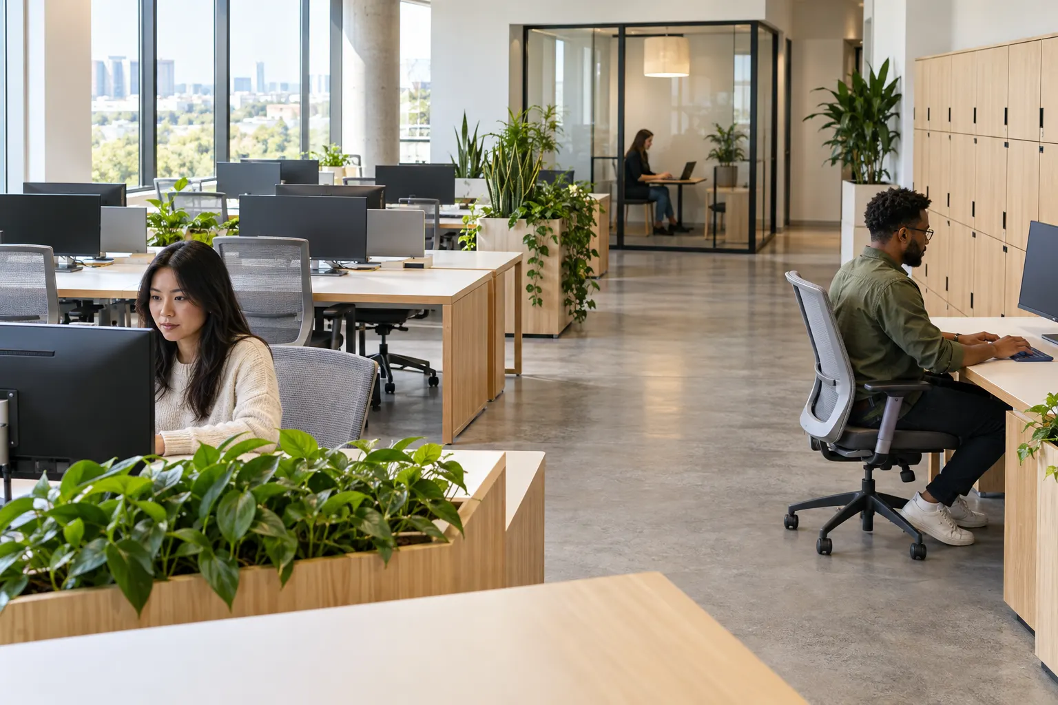An open office with clear hot desks, a wall of lockers and a small glass quiet room at the back