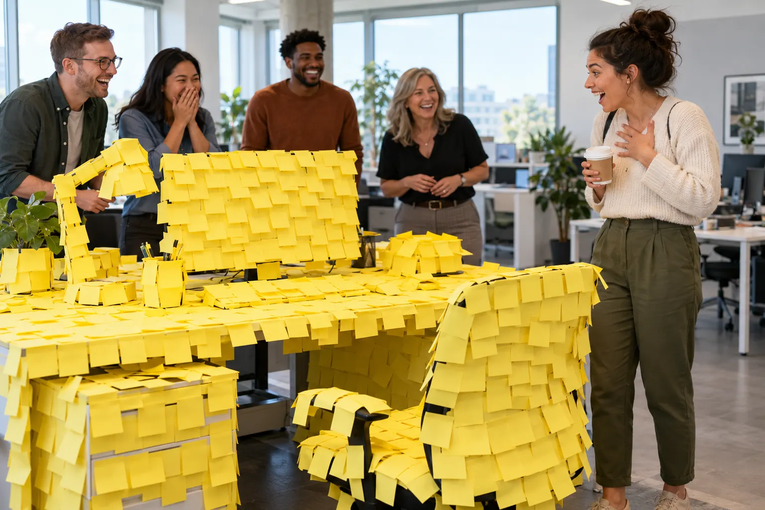 A woman with a coffee laughs as she finds her desk and chair covered in yellow sticky notes while four coworkers grin nearby.