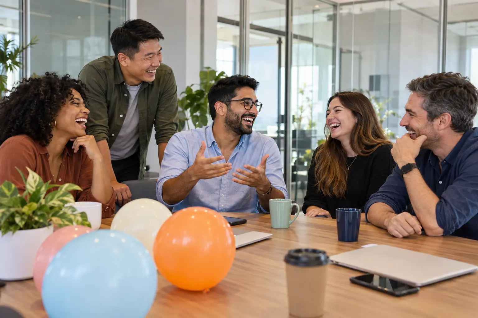 Five coworkers laugh together around a meeting table with coffee cups and a few balloons.