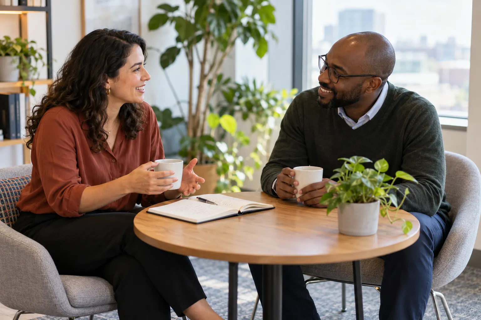 A manager and an employee talk over coffee at a small table, a notebook open between them