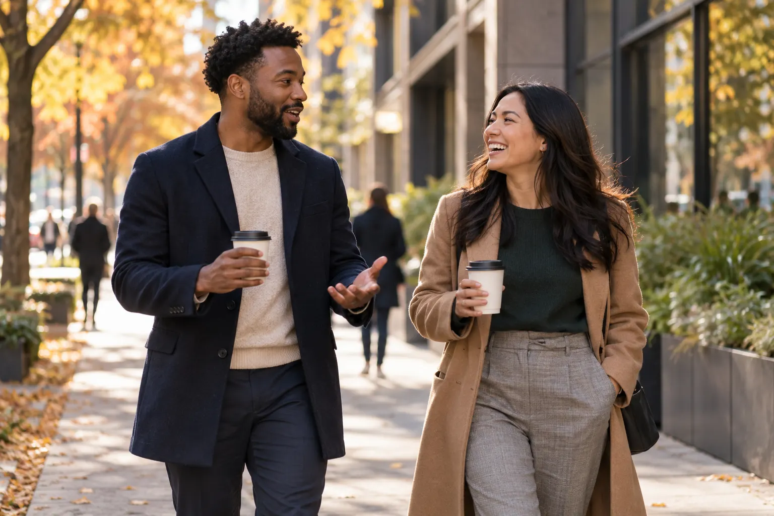 Two coworkers walk and talk on a leafy autumn sidewalk, each holding a takeaway coffee