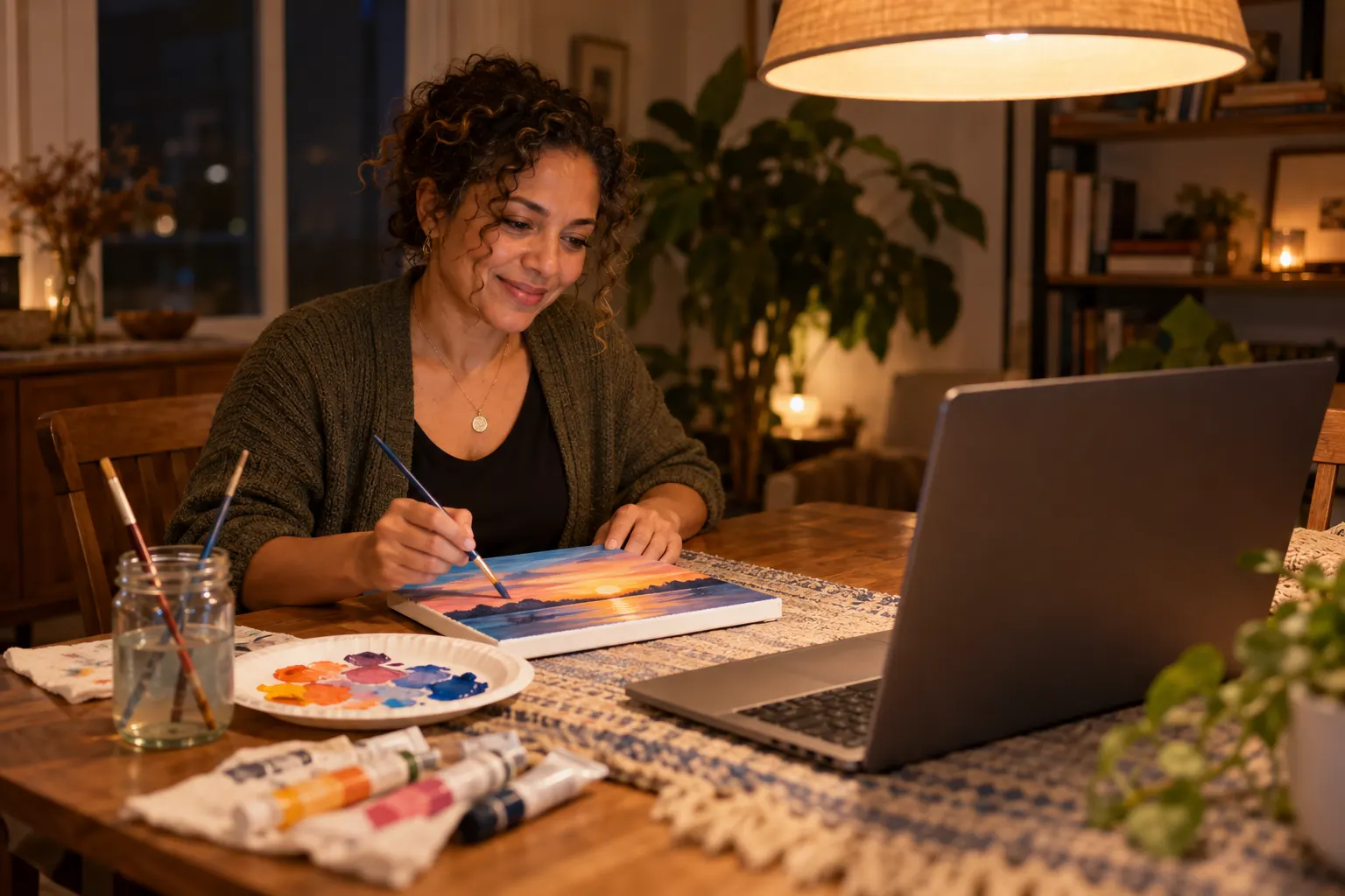 A woman paints a sunset scene on a small canvas at her dining table while taking a live class on a laptop