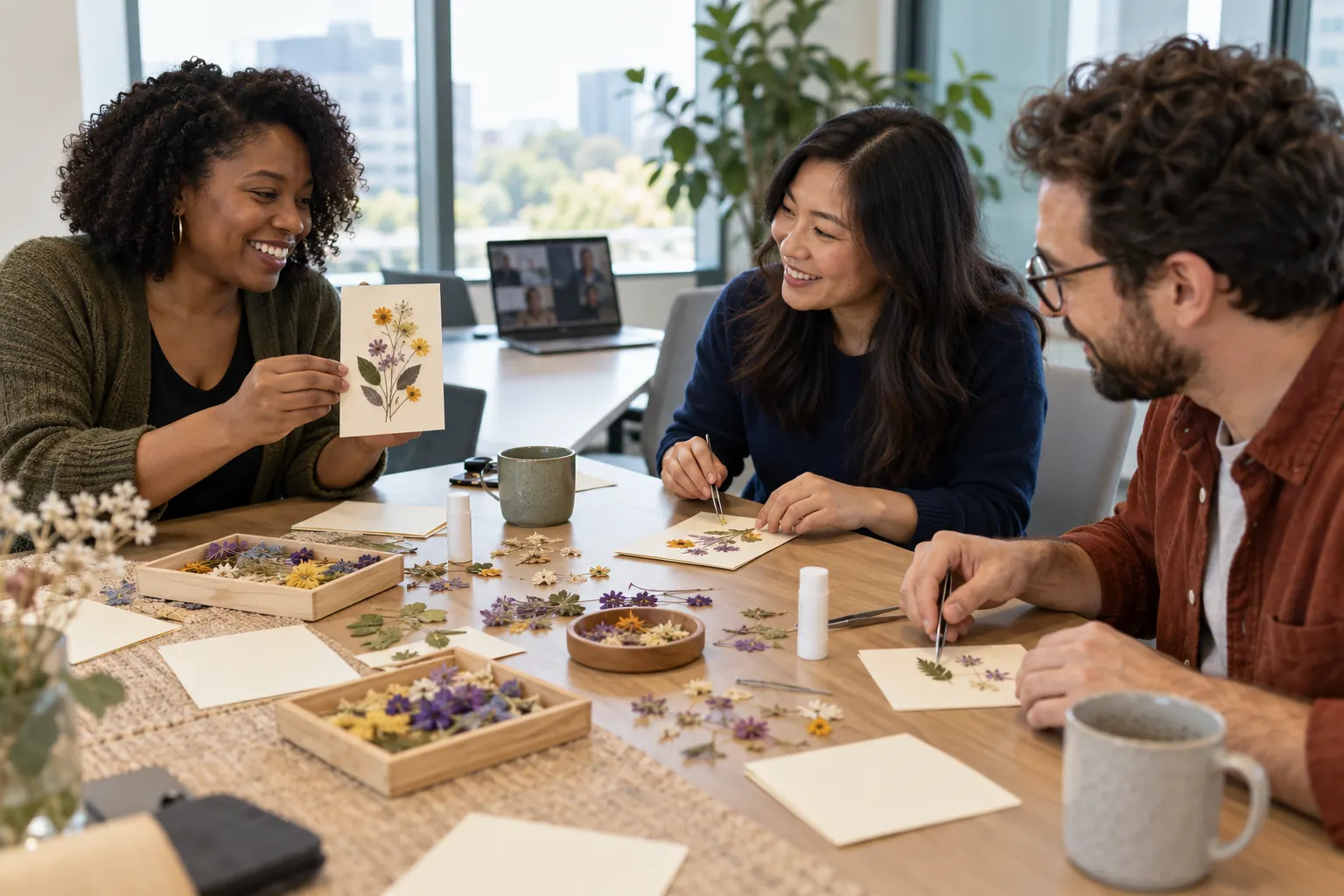 Three coworkers at a conference table place dried flowers onto cards with tweezers, one holding up a finished card