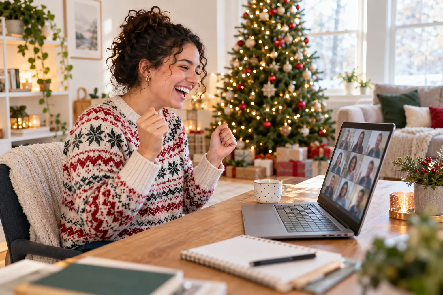 A remote employee in a festive sweater cheers at a laptop game beside a decorated Christmas tree.