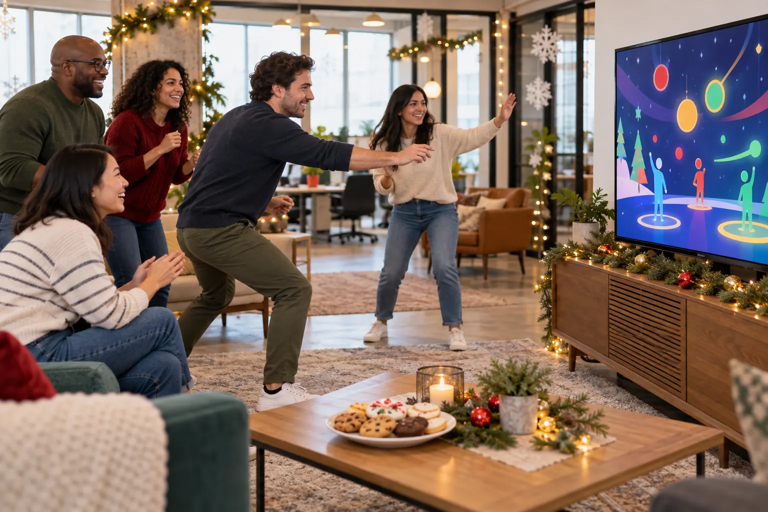 Coworkers in a decorated office gather around a large TV to play a holiday game, with cookies nearby.