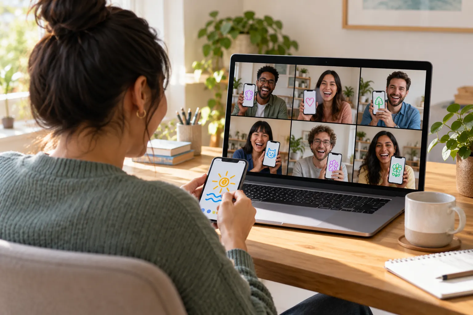Remote coworkers on a laptop video call laugh while playing a drawing game on their phones.