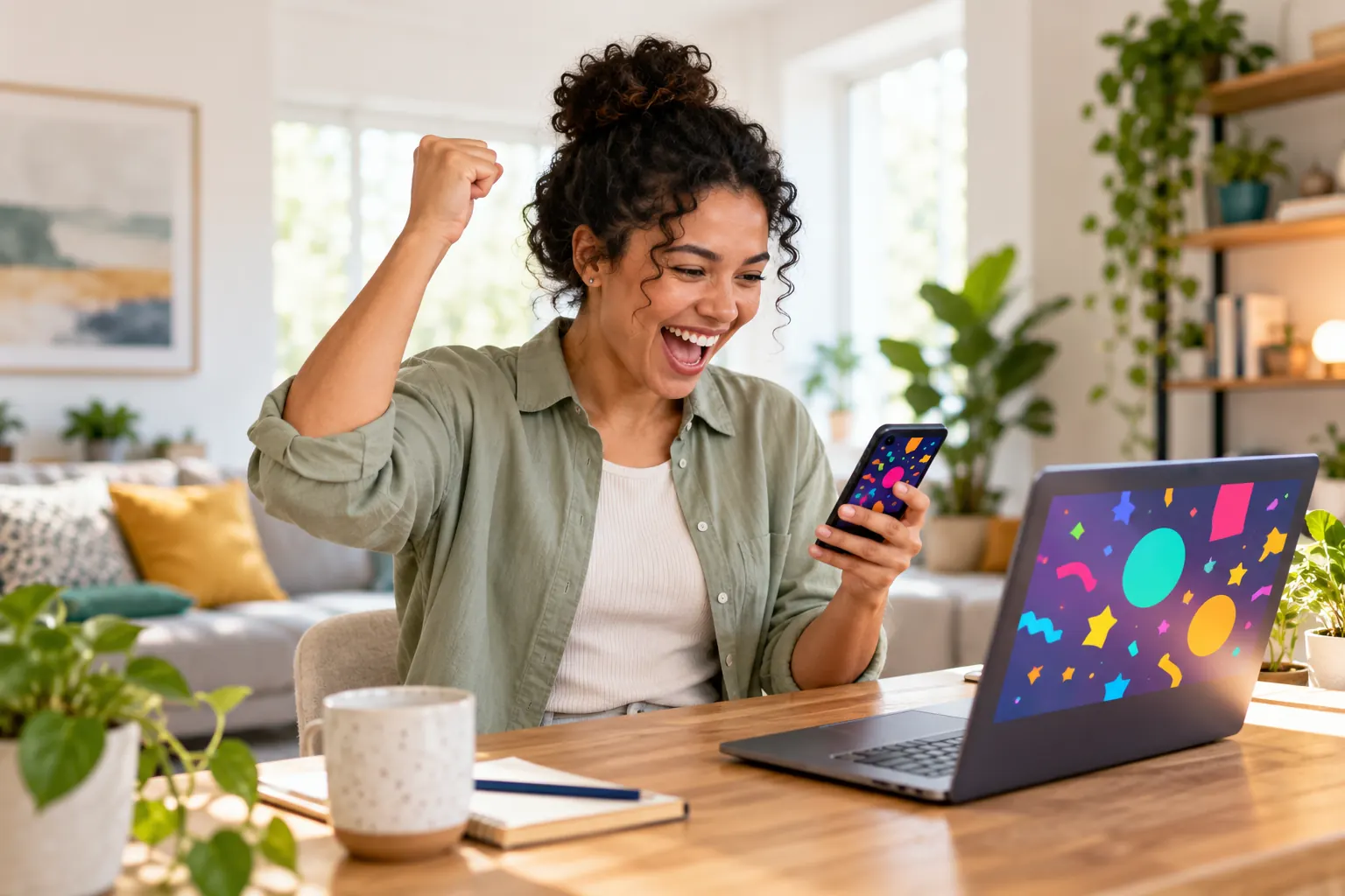 A person at a home desk with a laptop and phone cheers after winning an online party game.