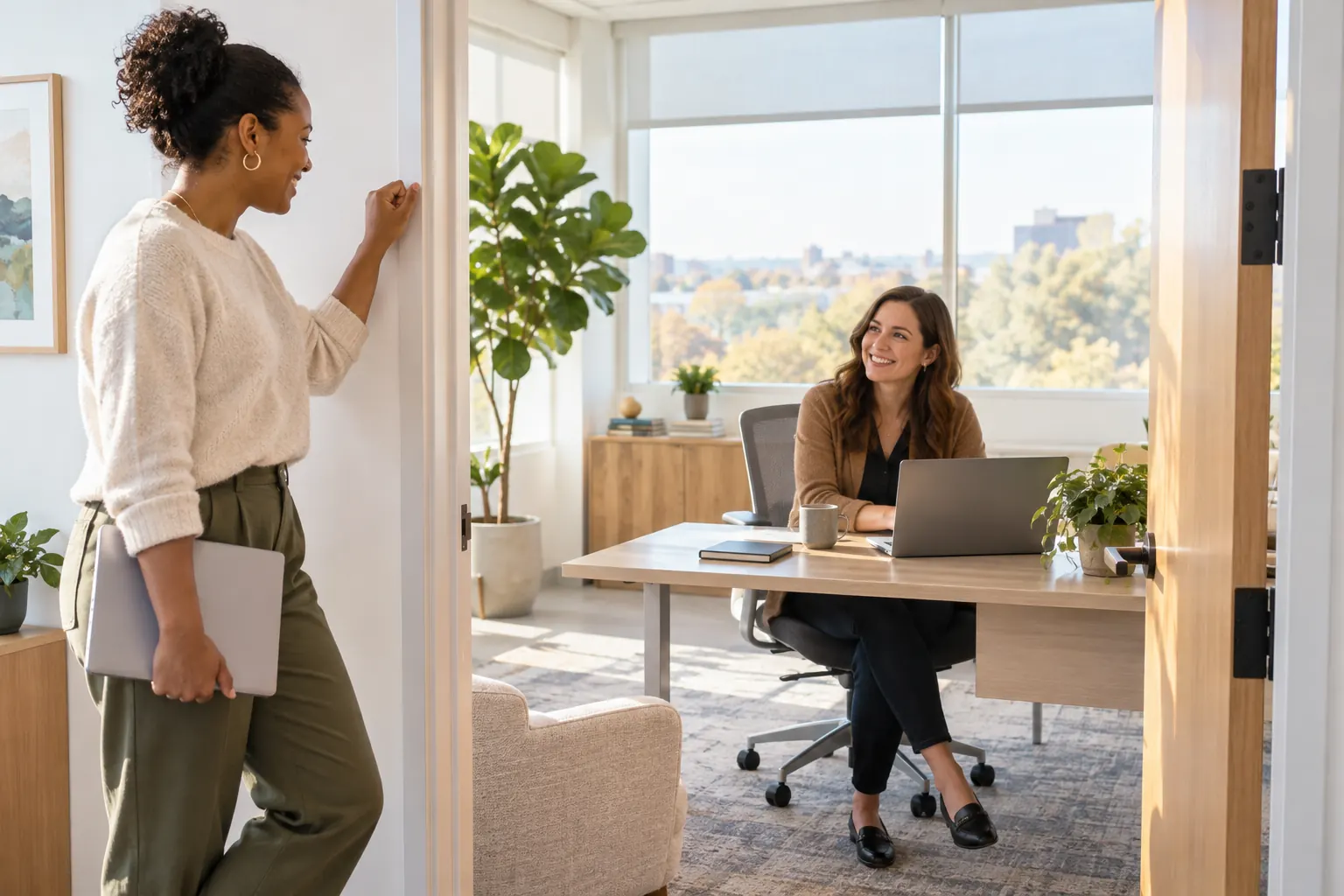 A smiling employee knocks on the frame of an open office door as her manager looks up from her desk.