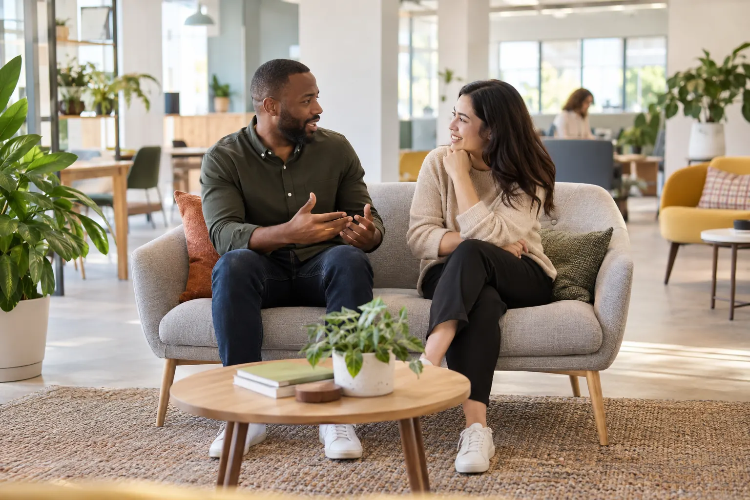 Two colleagues sit side by side on a sofa in a bright office lounge, talking and smiling.