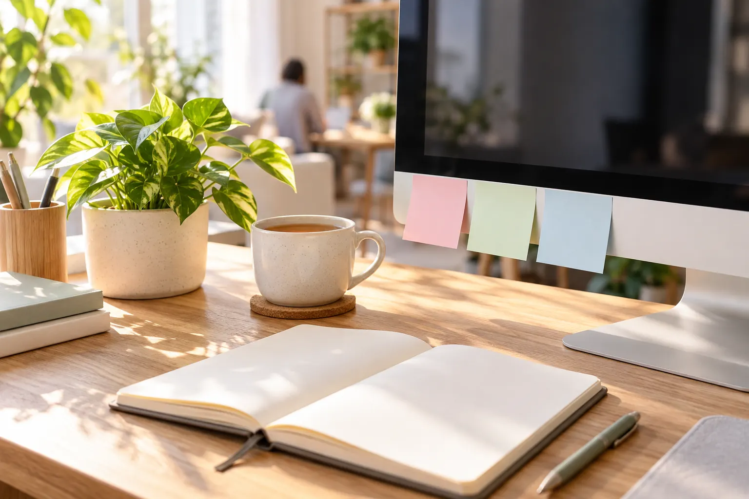 A sunlit desk with blank pastel sticky notes on a monitor, a plant, tea and an open notebook.