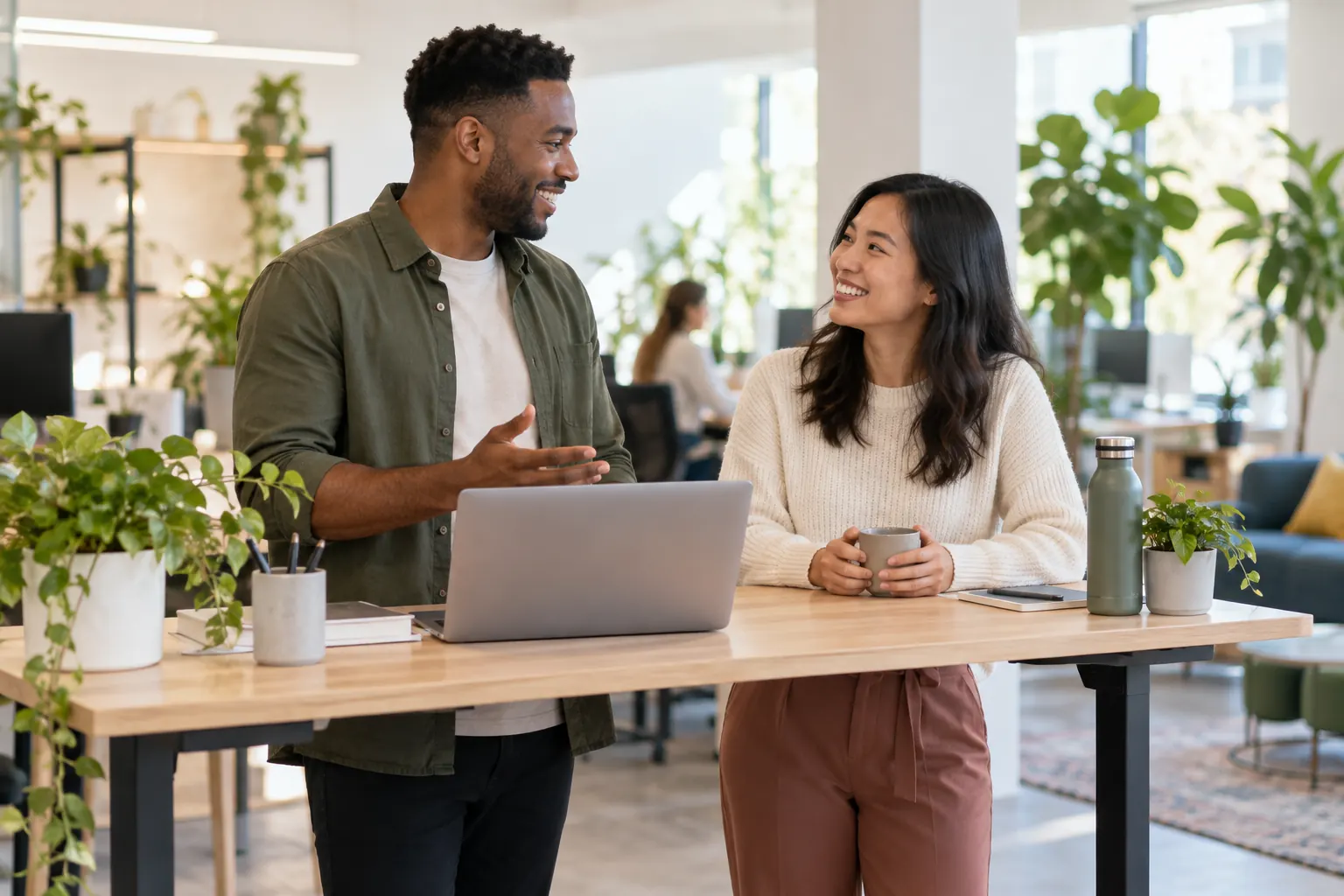 Two coworkers smile and talk at a standing desk in a bright office, one holding a mug.