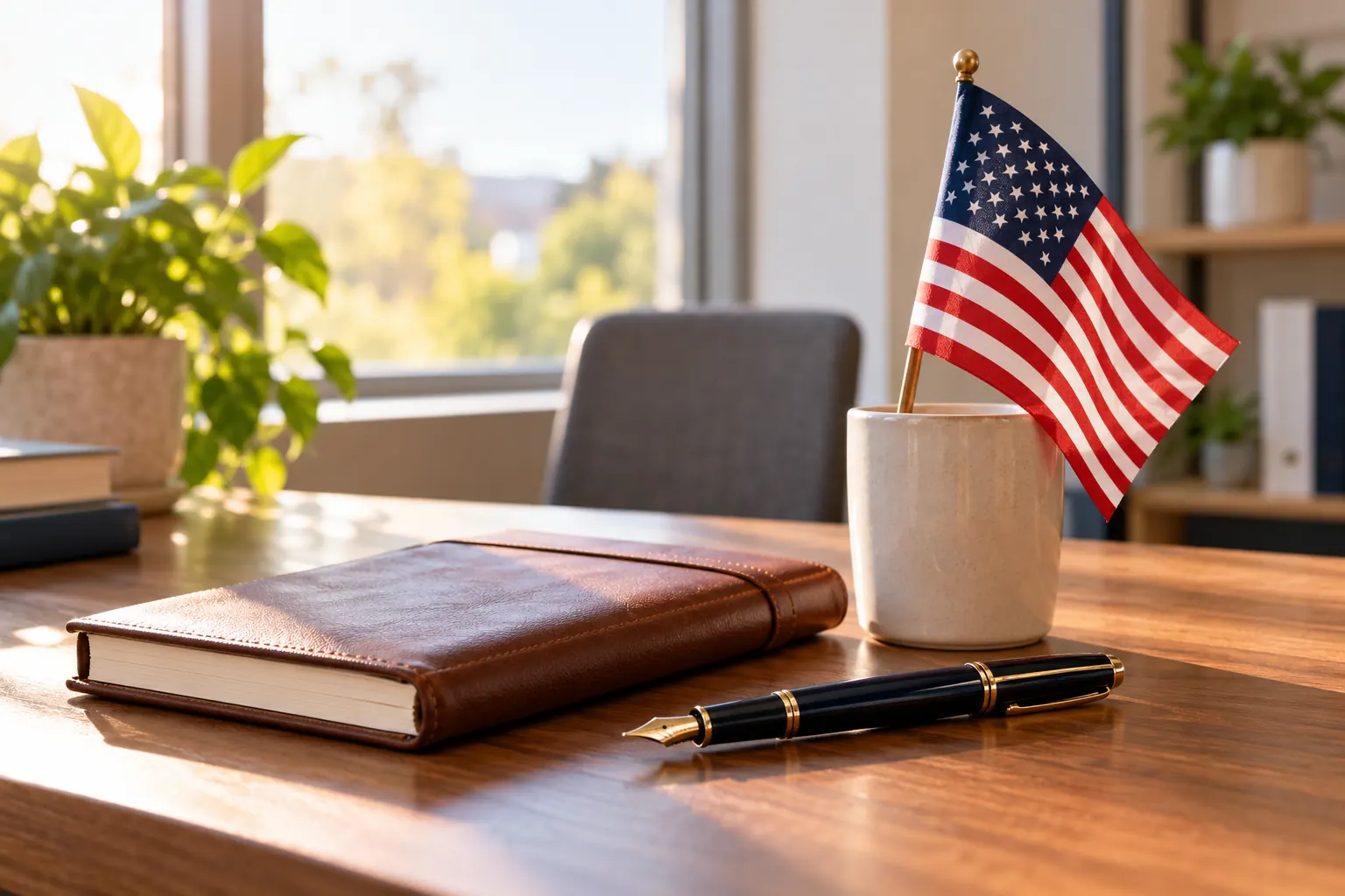 A quiet office desk with a leather notebook, a fountain pen and a small American flag in morning light.