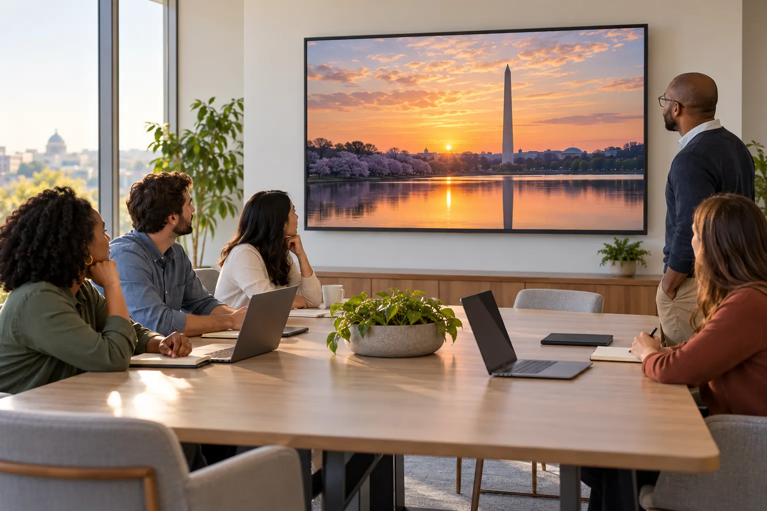 A team in a meeting room looks at a large screen showing the Washington Monument at sunrise.