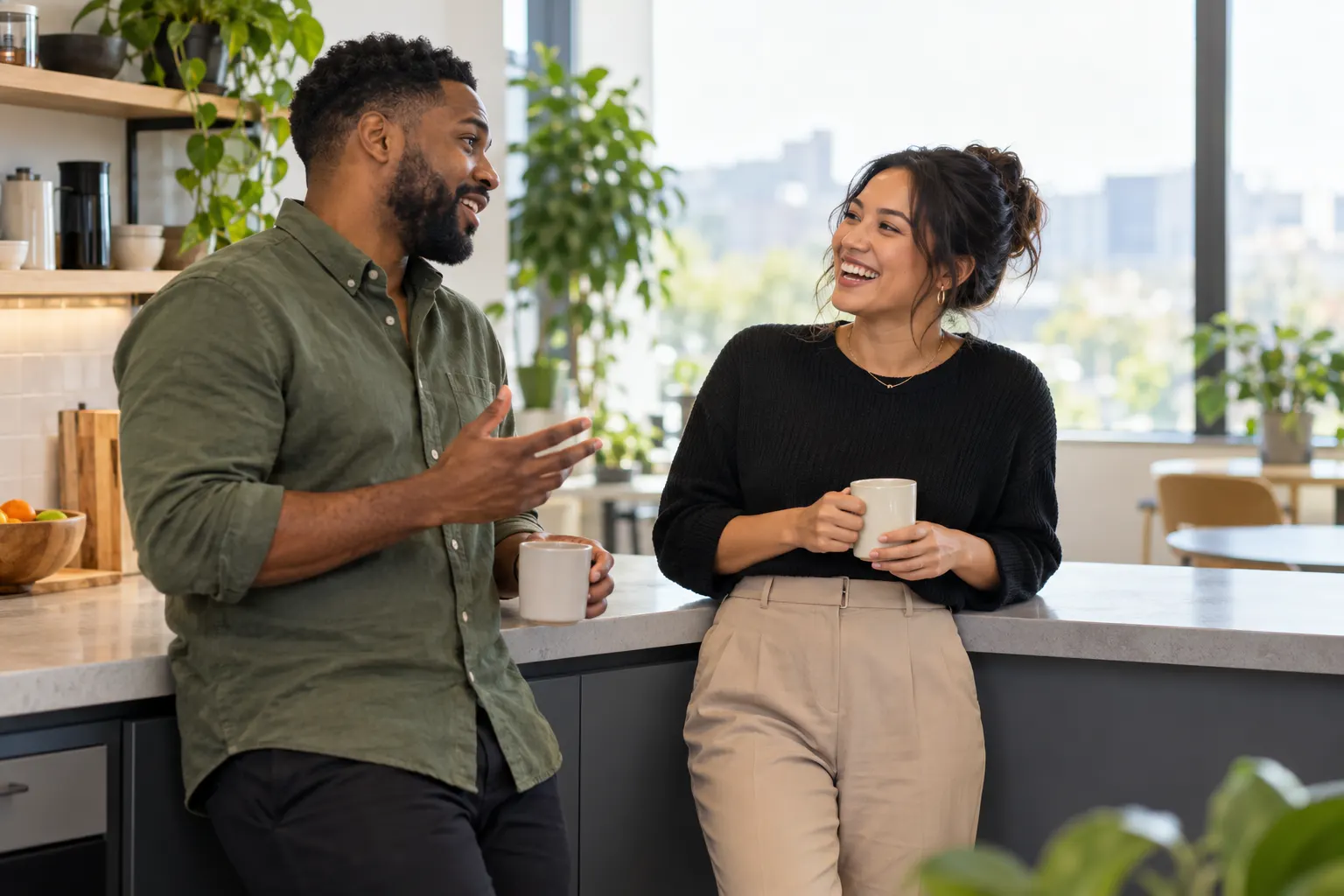 Two coworkers lean on an office kitchen counter with coffee cups, one laughing at the other's story