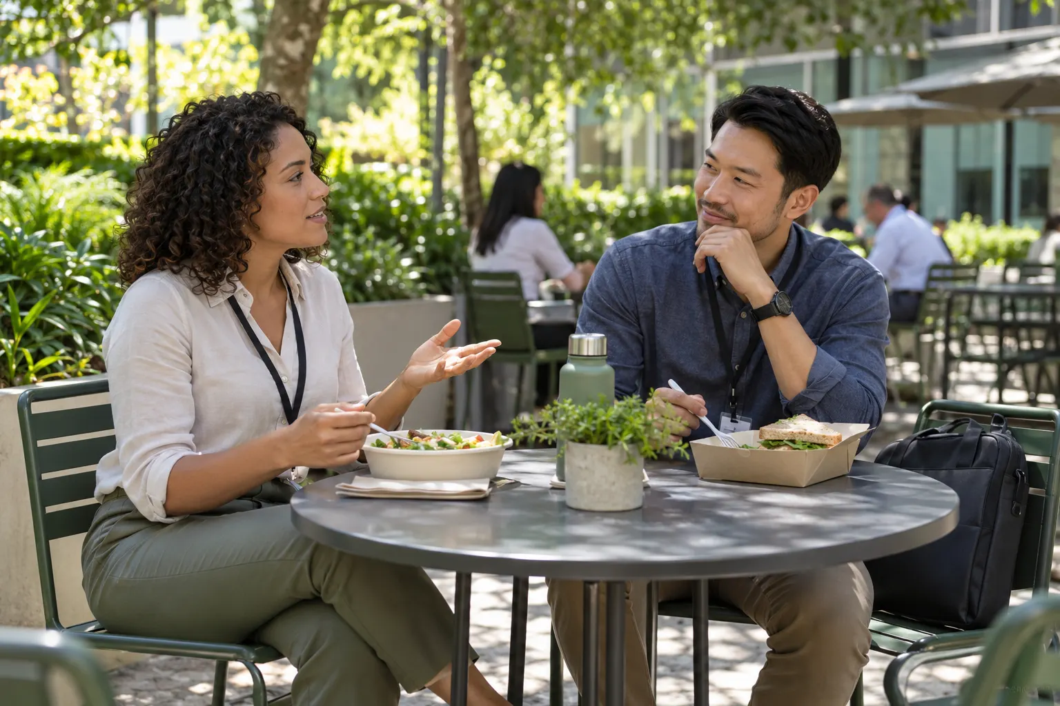 Two colleagues talk over takeout lunch at a small table on a sunny office patio