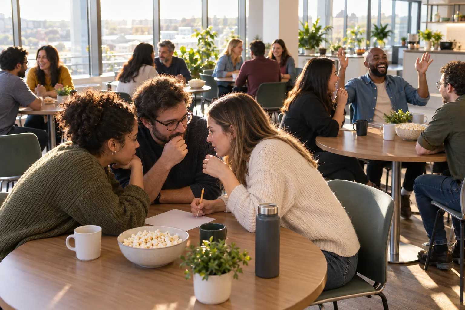Three coworkers whisper over an answer sheet during an office quiz while other teams laugh nearby