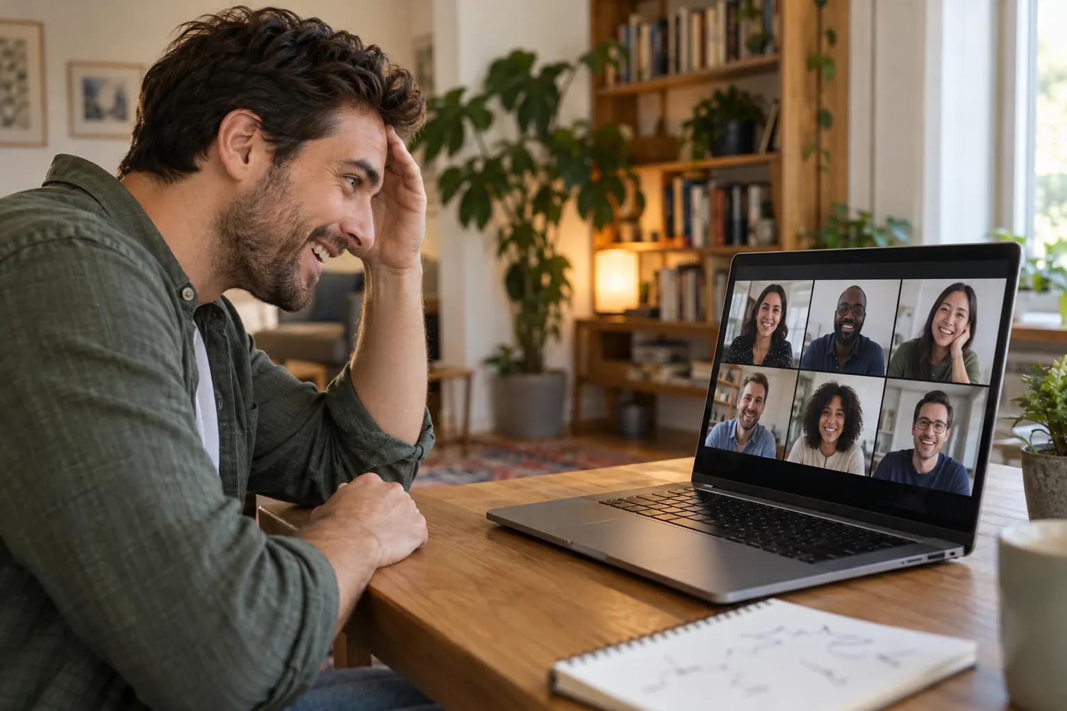 A remote employee laughs with a hand on his forehead at a quiz question on a team video call