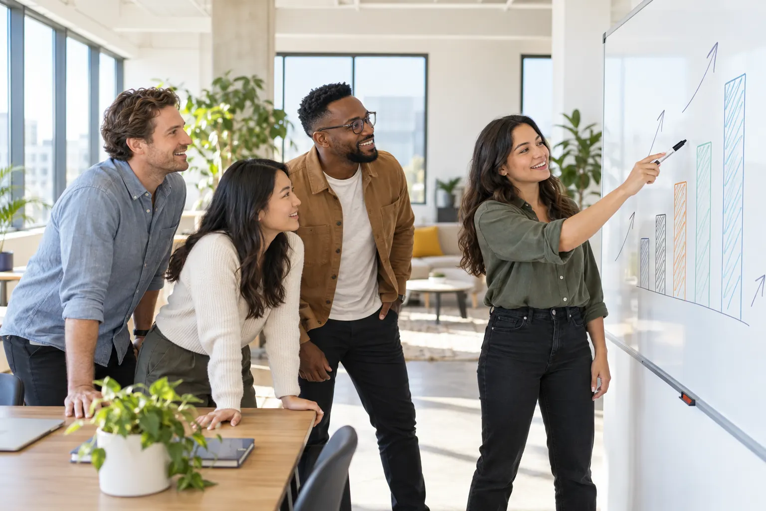 Four colleagues smile at a whiteboard bar chart with rising arrows while one of them points at it.