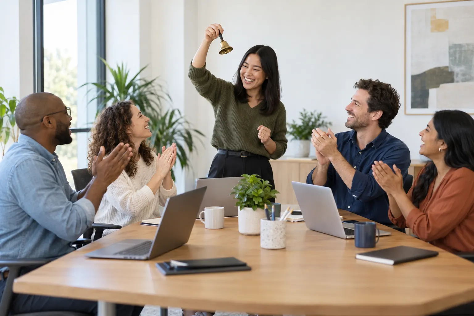 A woman rings a small brass bell at a meeting table while four teammates clap and cheer.