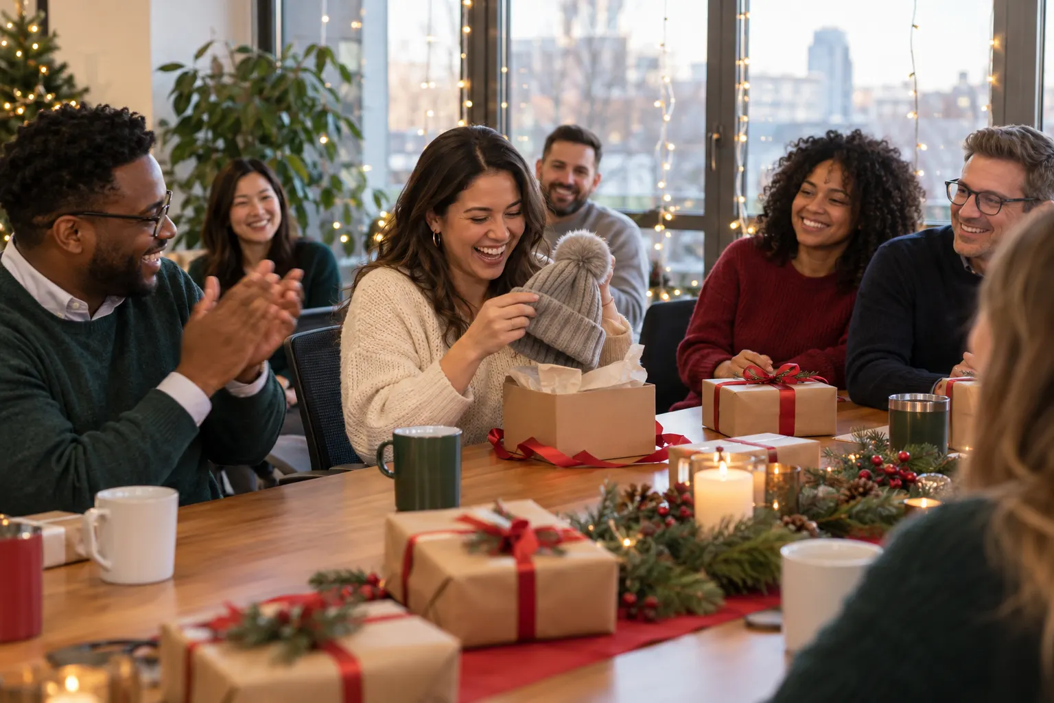 Coworkers around a conference table laugh as one opens a small wrapped gift and pulls out a knit beanie