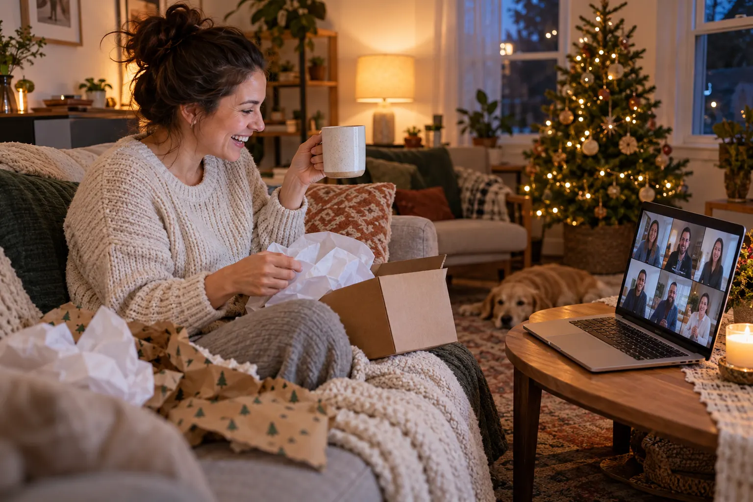 A woman on her sofa laughs with a mug in hand as she unwraps a mailed gift box, her coworkers on a laptop video call beside her