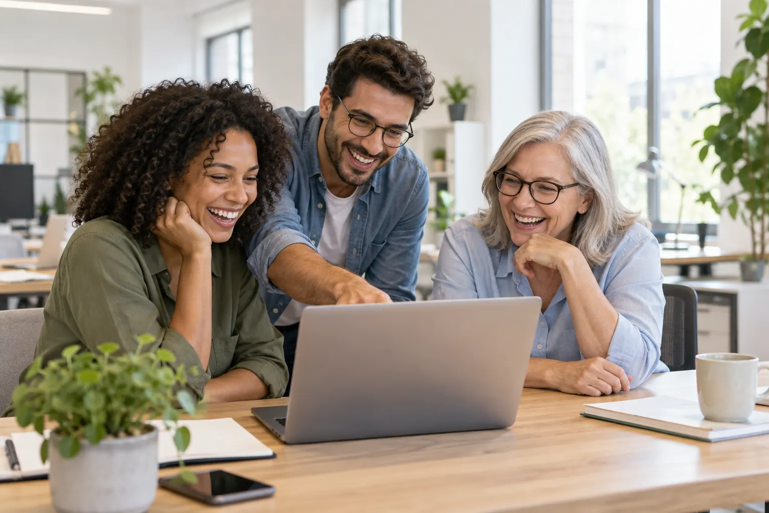 Three coworkers laugh at something on a shared laptop at an office table while one points at the screen.