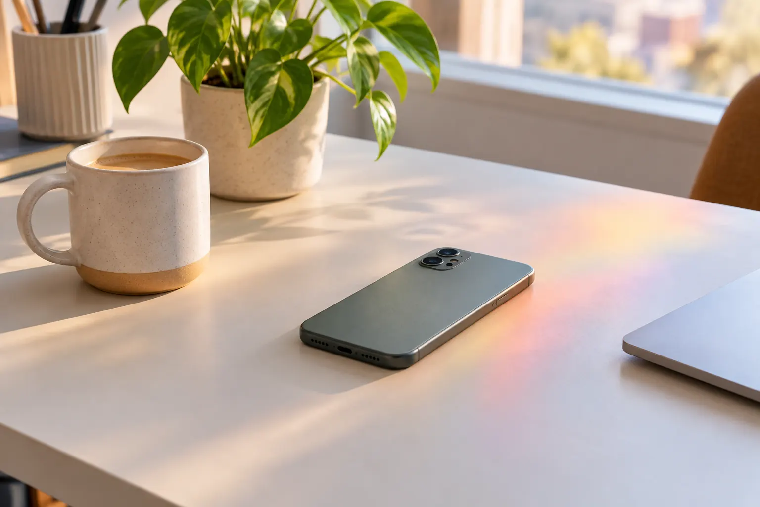 A phone lies face down on a desk beside a coffee mug and a plant in soft light.