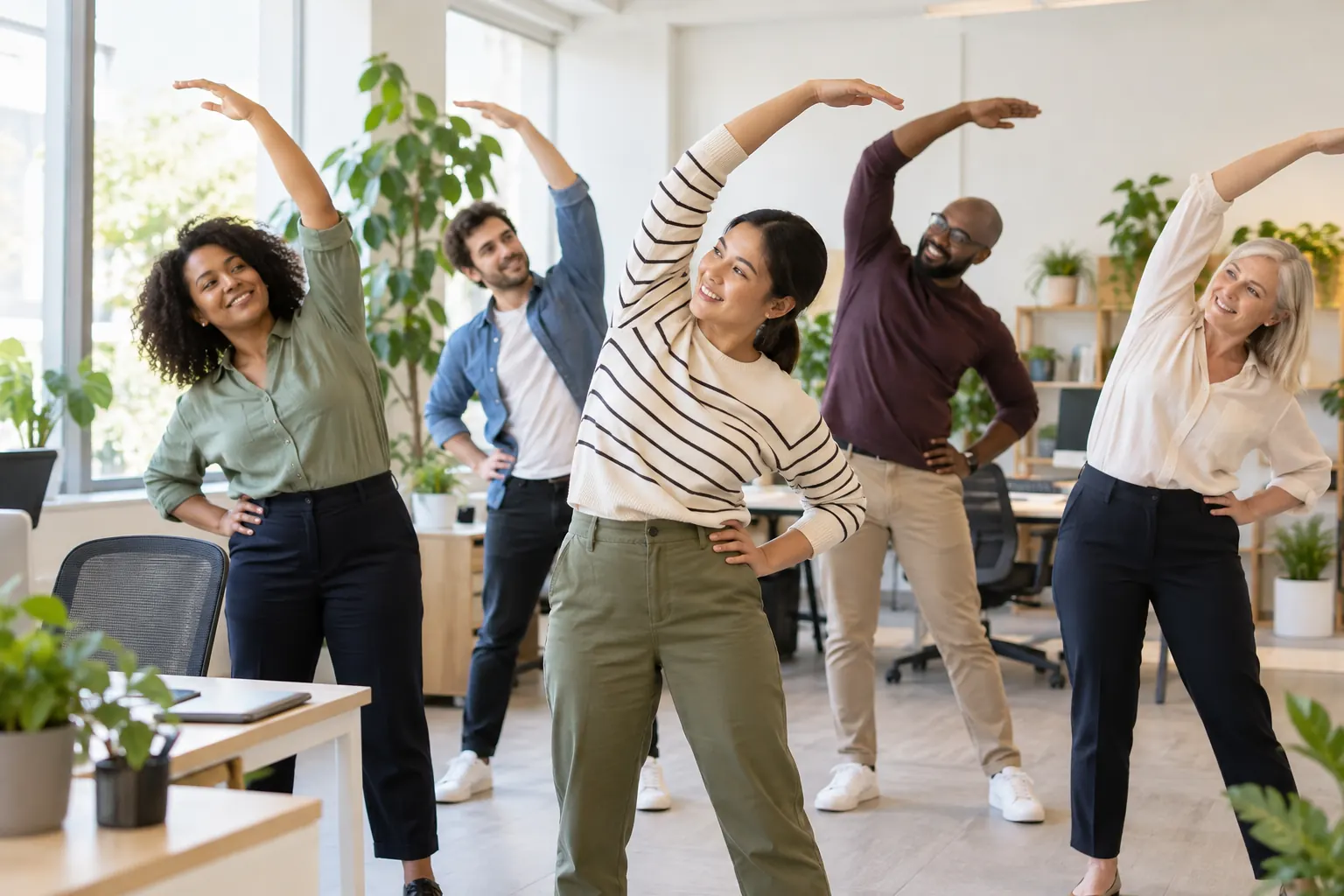 Five coworkers in casual clothes do a side stretch together in a bright office full of plants.