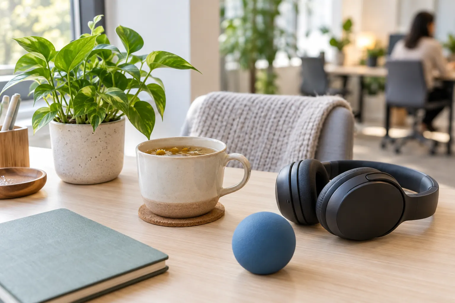 A desk with a cup of chamomile tea, a potted plant, headphones, a notebook and a blue stress ball.
