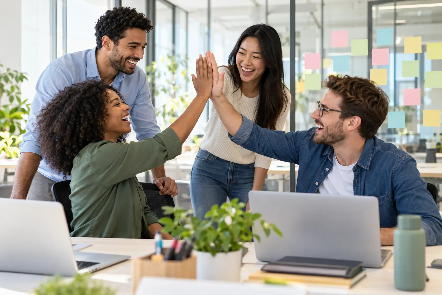 Four coworkers laugh and trade high fives across their desks in front of a glass wall of sticky notes.