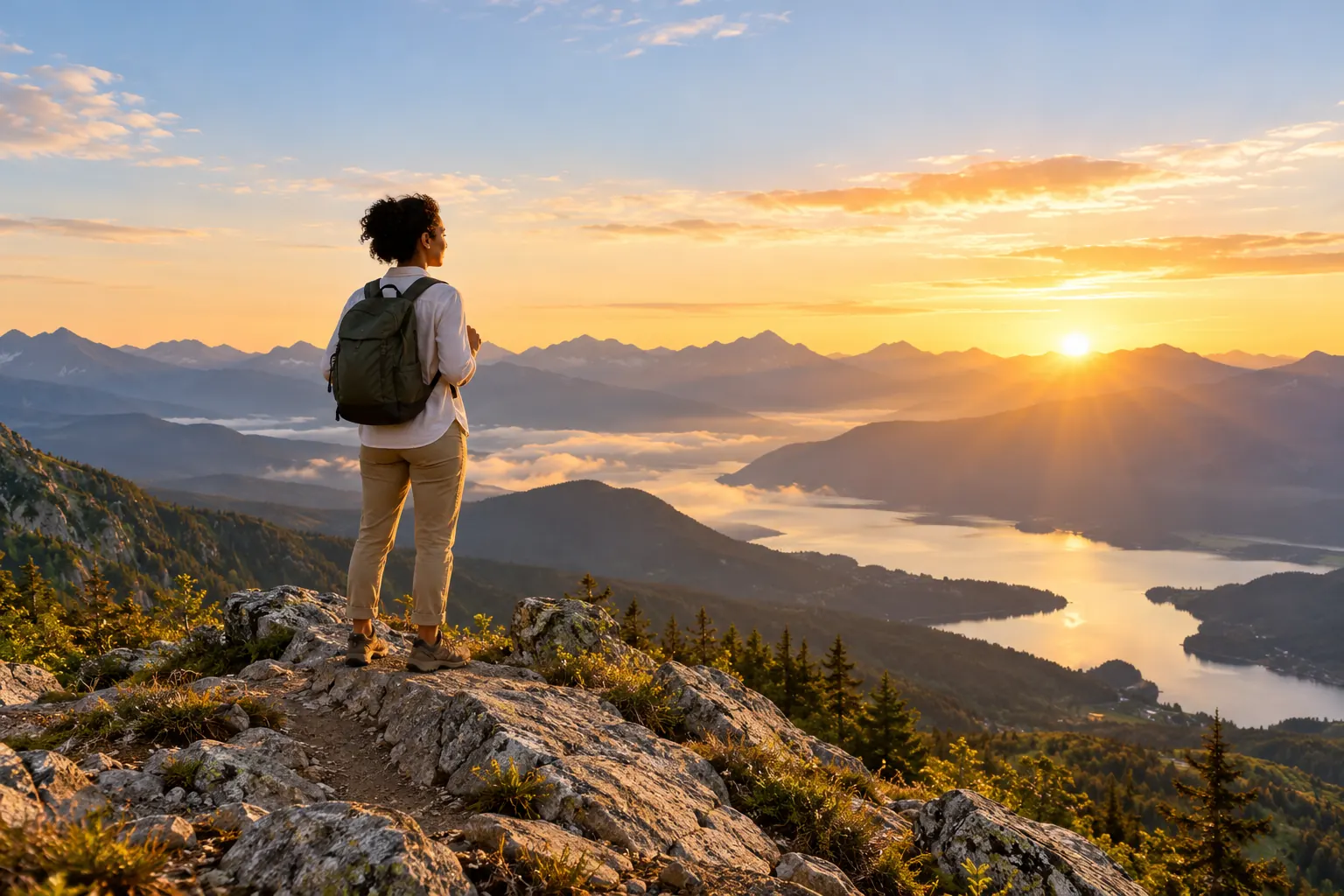 A hiker with a backpack stands on a rocky summit at sunrise, looking out over mountains and a lake.