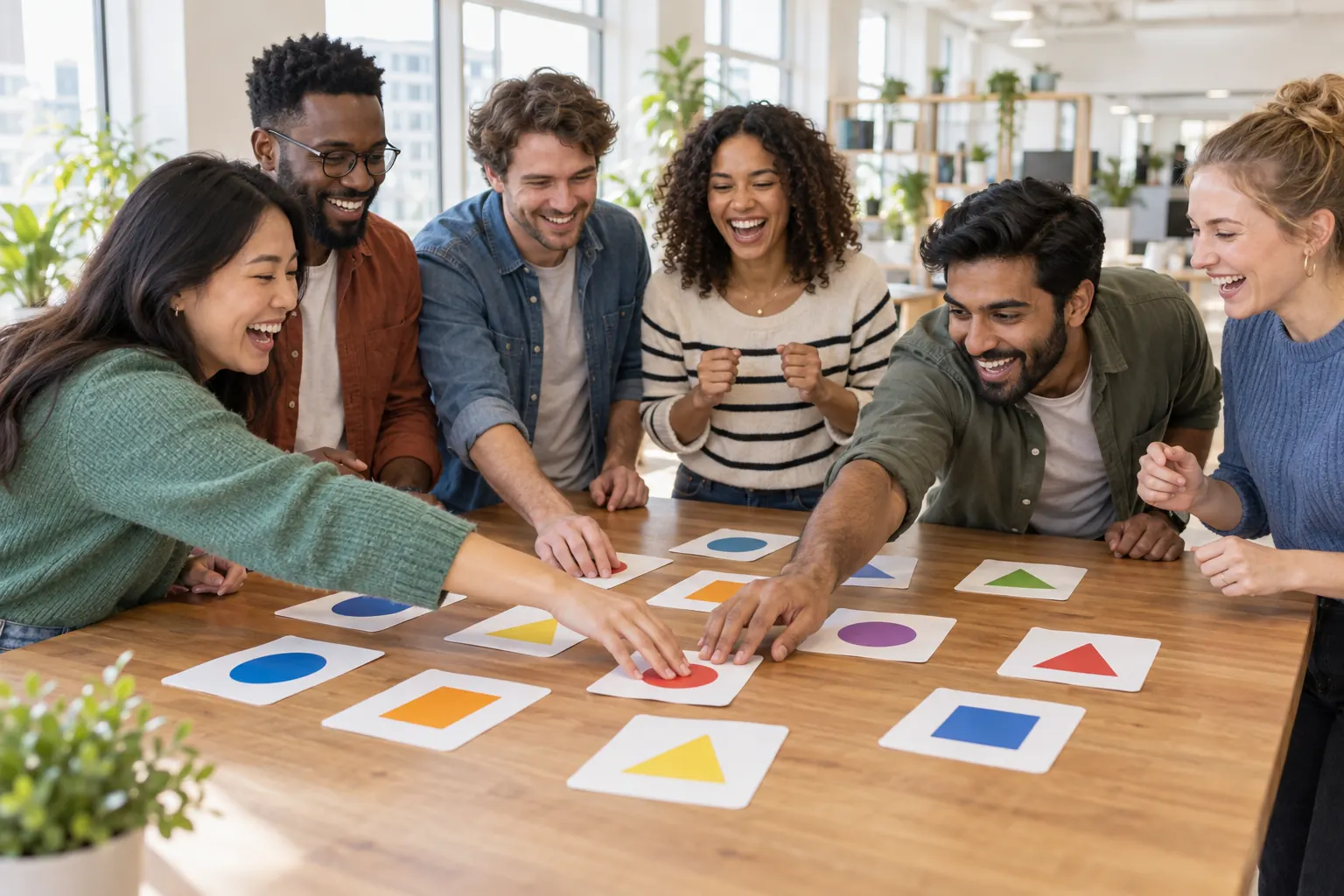 Six coworkers laugh around an office table as two of them reach for the same card in a shape-matching game.